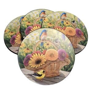 Vtg‎ Set of 4 Colorful Birds and Flowers in Basket Coasters Signed Millette READ